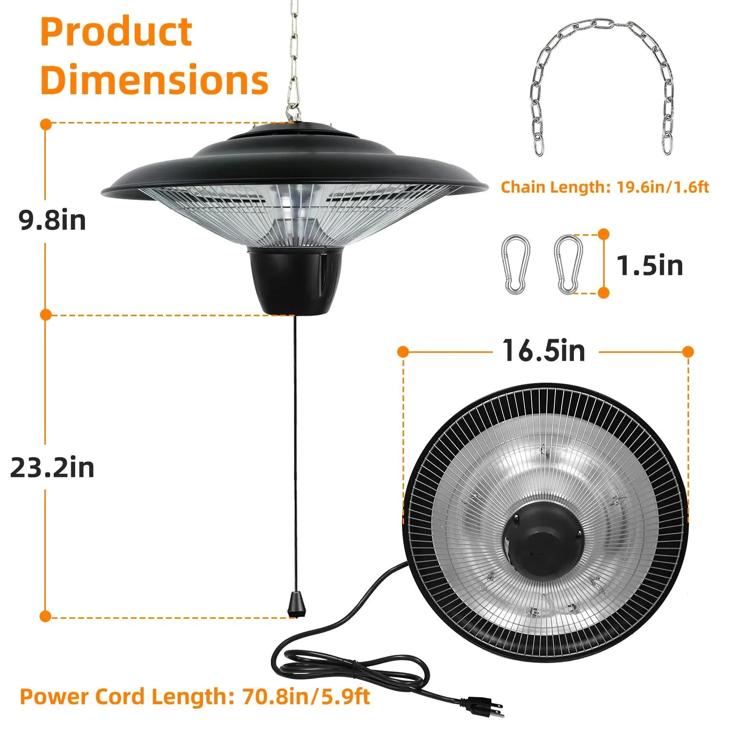 1500W Outdoor Hanging Patio Heater Ultra-Quiet Electric Heating Lamp