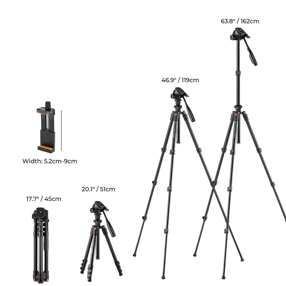 63.8 Inch Dslr Camera Tripod Portable Aluminum Travel Phone Tripod with Phone Clip Universal Photography